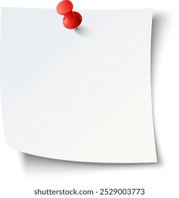 A red pushpin is firmly holding an unmarked white sheet of paper against a clean white surface. The setting appears bright and orderly, ideal for notes or reminders.