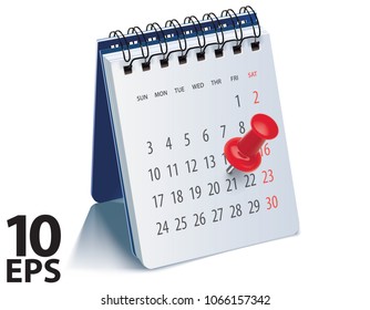 Red pushpin on calendar page for remind and marked important events. Realistic vector 3d illustration