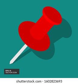 Red pushpin on a green background with a shadow. Vector illustration.