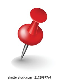 Red pushpin with shadow isolated on white. Fixation for note attach stickers. Stationery item, office paperwork equipment, secretary accessory