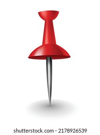 Red pushpin with shadow isolated on white. Fixation for note attach stickers. Stationery item, office paperwork equipment, secretary accessory