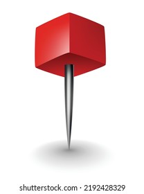 Red pushpin with shadow isolated on white. Fixation for note attach stickers. Stationery item, office paperwork equipment, secretary accessory