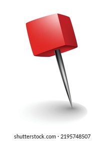 Red pushpin with shadow isolated on white. Fixation for note attach stickers. Stationery item, office paperwork equipment, secretary accessory