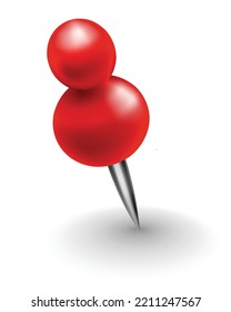 Red pushpin with shadow isolated on white. Fixation for note attach stickers. Stationery item, office paperwork equipment, secretary accessory