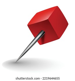 Red pushpin with shadow isolated on white. Fixation for note attach stickers. Stationery item, office paperwork equipment, secretary accessory