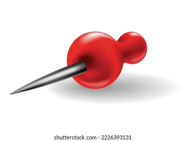 Red pushpin with shadow isolated on white. Fixation for note attach stickers. Stationery item, office paperwork equipment, secretary accessory