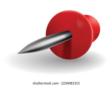 Red pushpin with shadow isolated on white. Fixation for note attach stickers. Stationery item, office paperwork equipment, secretary accessory