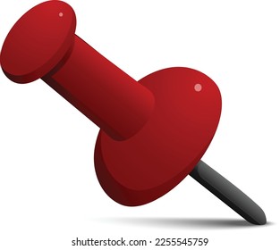 Red pushpin with shadow on white. Stationery item, office paperwork equipment, secretary accessory. 45 degree to the left