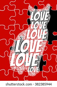 red puzzle background with love words and love text cat silhouette illustration together vector print pattern. for fashion and graphic design, t shirt print and special day gift print offer