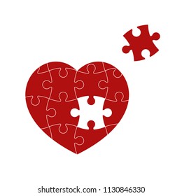 Red puzzle heart isolated on white background. Vector illustration.