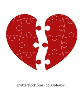 Red puzzle heart isolated on white background. Vector illustration.
