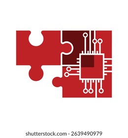 A red puzzle piece connects with a microchip, symbolizing technological integration or problem-solving.  The design is simple and clean.