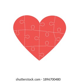 Red puzzled heart isolated on white background. Symbol of lovelorn and building love. Flat Art Vector Illustration