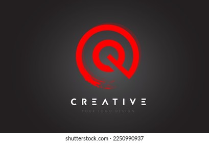 Red Q Circular Letter Logo with Circle Brush Design and Black Background.