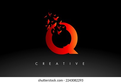 Red Q Logo Letter with Flying Flock of Birds Disintegrating from the Letter. Bird Fly Letter Icon.