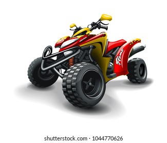 Red quad bike, with inscription and flame, on white background.