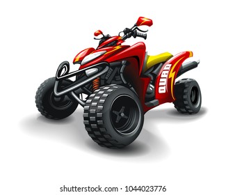 Red quad bike, with strips on white background.