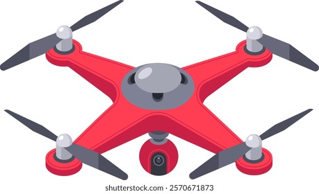 Red quadcopter drone with camera hovering, representing aerial photography, surveillance, delivery, innovation, and the future of unmanned flight