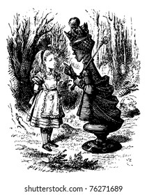 The Red Queen chastises Alice - Original book engraving. "Where do you come from?? said the Red Queen. ?And where are you going? Look up, speak nicely, and don?t twiddle your fingers all the time.