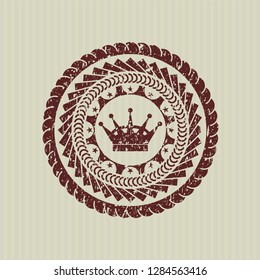 Red queen crown icon inside distressed rubber grunge texture stamp