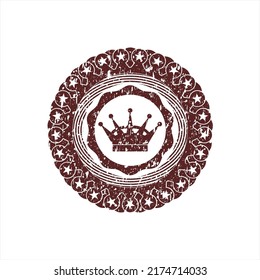 Red queen crown icon inside distressed rubber grunge texture seal. 