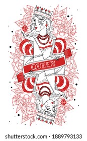 Red queen. Young woman with diamond and crown, symmetrical image with dividing tape, engraving style, old school hipster tattoo. Vector