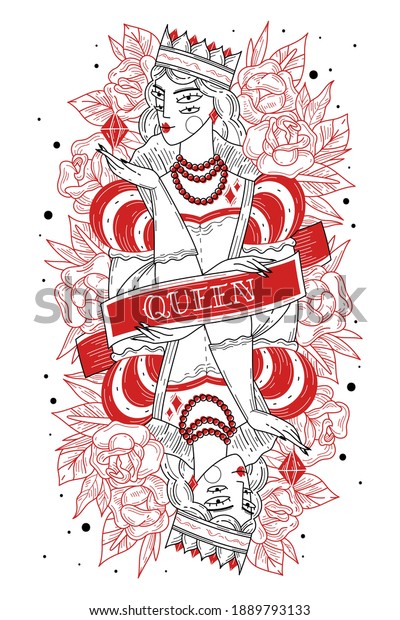 Red queen. Young woman with diamond and crown,\
symmetrical image with dividing tape, engraving style, old school\
hipster tattoo. Vector
