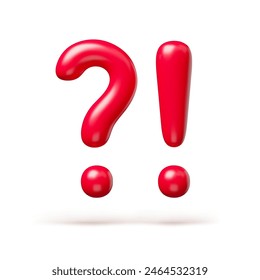 Red question and exclamation signs realistic 3d symbols. Glossy exclamation and question punctuation marks, attention signals three-dimensional rendering vector illustration