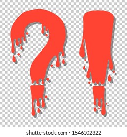 Red question mark and exclamation punctuation point set. Liquid dripping, cartoon style. Isolated on transparent background.
