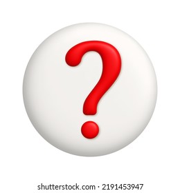 Red question mark symbol on white button. Question sign icon. 3d realistic design element. Vector illustration.