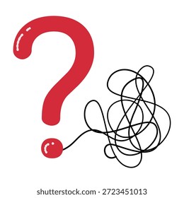 Signo de interrogación rojo con la línea desordenada negra enredada. Complejidad empresarial y búsqueda de la ilustración de ruta correcta