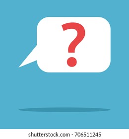 Red question mark in white speech cloud on blue background. Chat, debate, choose and blog concept. Flat design. Vector illustration. EPS 8, no transparency