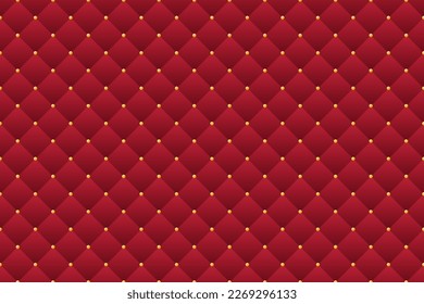 Red quilted satin pattern with golden beads vector. Luxury padded upholstery texture.