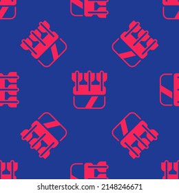 Rojo Quiver con el icono de flechas aislado patrón sin fisuras sobre fondo azul.  Vector