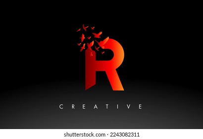 Red R Logo Letter with Flying Flock of Birds Disintegrating from the Letter. Bird Fly Letter Icon.