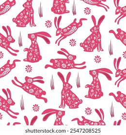 Red rabbits with floral ornamental design seamless pattern on white background