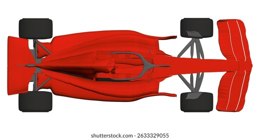 Um carro de corrida vermelho com uma roda preta. O carro é mostrado em uma imagem 3D. O carro é projetado para ser aerodinâmico e rápido. Vista superior