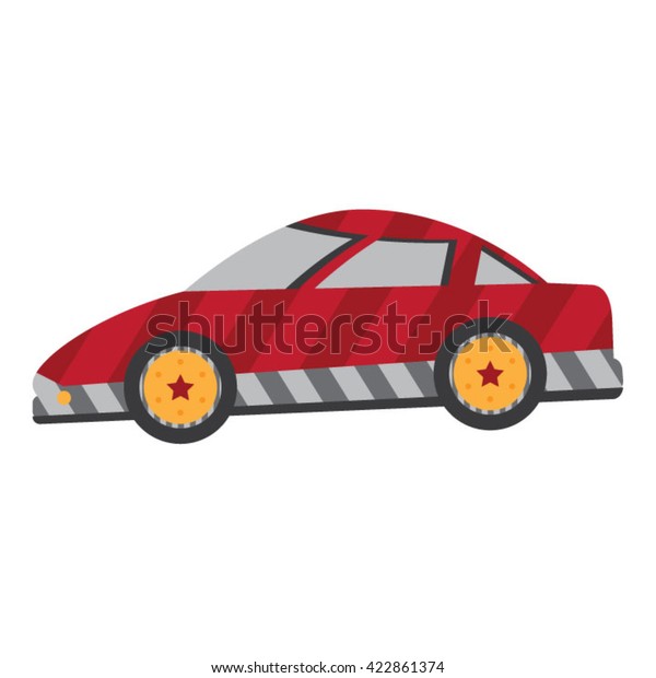 Red Race Car | Red whimsical auto
racing race car with stripes and stars on the
wheels.