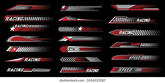 Red race sport car stripe stickers and racing line decals, vector speed auto art. Car race decals stickers with checkered flag for rally ride, drag racing and drift with arrow and stars