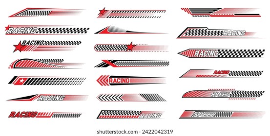 Red race sport car stripe stickers, racing line decals. Bike championship victory or wining banners, car race competition checkered flag pattern or motocross sport decals with finish or start flag