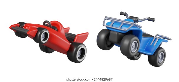 Red racing car, blue ATV. Different types of modern vehicles for car racing