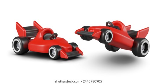 Red racing car stands and speeds forward. High speed vehicle in different positions