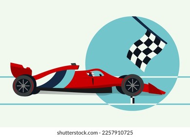 A red racing car wins a Formula 1 race. Side view of a fast car with stripes. Checkered flag and finish line. Vector illustration.