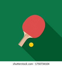 Red racket for playing table tennis. Vector. On a green background with a long shadow