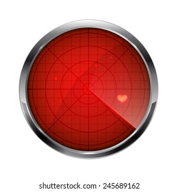 Red radar with heart, circle icon isolated on white background, illustration.