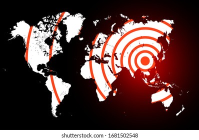 Red Radial Circles On World Map, Spreading Around Planet Banner For Breaking News About Corona Virus, Background For Medical News And Graphical Image Of Statistics.