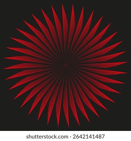Red radial glow. Abstract energy burst. Hypnotic sunbeam pattern. Vector light effect.