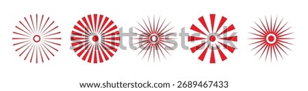 Red radial pain icons with sharp rays extending from central circles. Medical symbols for discomfort, soreness, or tension points. Geometric design elements. Vector illustration.
