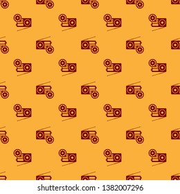 Red Radio with antenna and gear icon isolated seamless pattern on brown background. Adjusting app, service concept, setting options, maintenance, repair, fixing. Vector Illustration