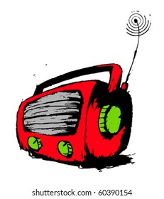 Red radio, hand drawn grunge illustration.